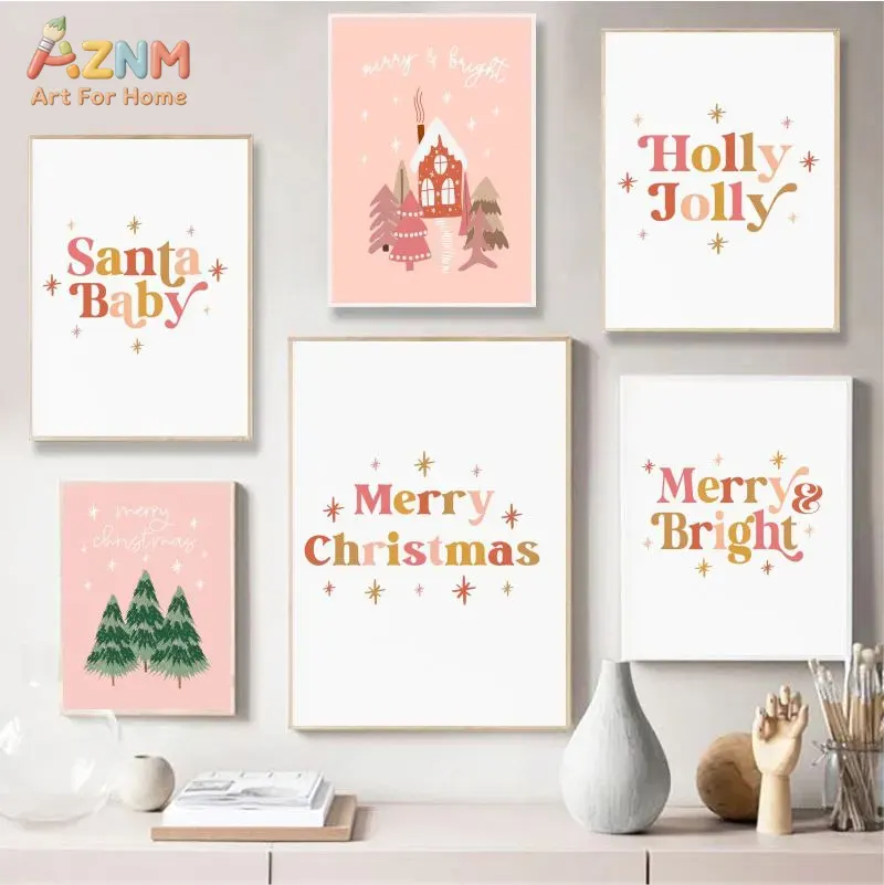Xmas Resin Art - AZNM Pastelroze Kerstbriefhuis Pijnboom Diamant Wandkunst